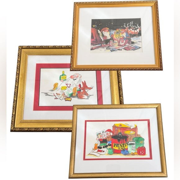 Other - Santa Clause & His Elves Wall Decor Re-Drawn Painted Gold Frames Set of 3